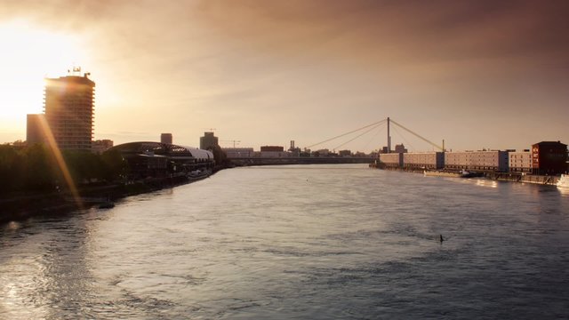 Timelapse of beautiful sunset and the Rhine river in Ludwigshafen / Mannheim