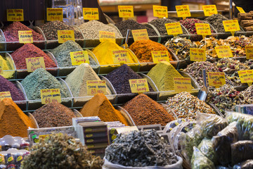 Colorful spices at spice bazaar in Istanbul, Turkey
