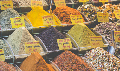 Colorful spices at spice bazaar in Istanbul, Turkey