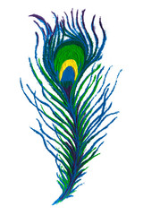 Colorful Peacock feather rangoli made of handmade soil colors on white background.