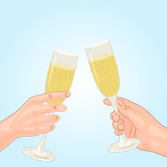 Toast, champagne, human hand. Festive background. Isolated vector background