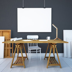 mockup desktop with posters on the wall. 3d