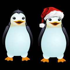 Fototapeta premium Two fun penguin in the Santa hat and without it