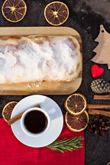 .Strudel with custard and orange. Christmas Stollen. Christmas table decoration.