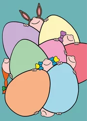 Foto auf Acrylglas Vijf meisjes en jongens tussen gekleurde paaseieren © drawingbyanna