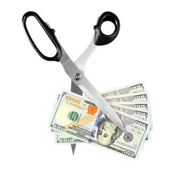 Scissors cut dollar banknotes, isolated on white