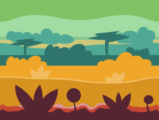 Seamless cartoon nature landscape, unending background with soil, trees, mountains and cloudy sky layers vector