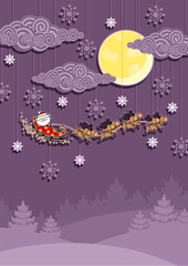 Christmas card with Santa Claus in his sledge over the night winter forest