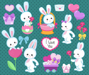 Collection of cute cartoon rabbits spring with gifts, hearts and flowers Isolated on a polka dot background.Vector illustration