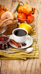Cup coffee breakfast rustic style on wooden board