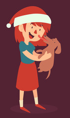 Christmas Girl Standing and Holding her new Puppy