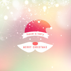 Merry Christmas  Lettering Design Greeting Card with flat santa hat on Bokeh background.  Vector