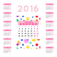 Desk Calendar 2016 Vector Design Template with abstract circle pattern. Set of 12 Months. vector illustration