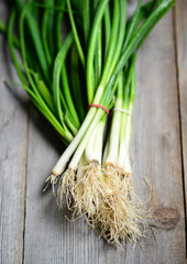 Fresh spring onion on wooden background