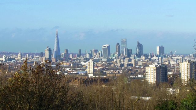 Aerial panoramic view of the City of London from the South side in a sunny winter afternoon