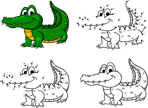 Cartoon crocodile. Vector illustration. Coloring and dot to dot