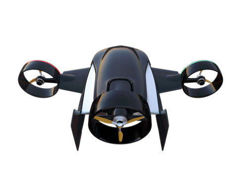 Rear view of a hybrid drone which has 2 mode to fly. lift up vertically and flying in horizon. Clipping path available.