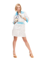 Woman doctor in white lab coat standing on white background.