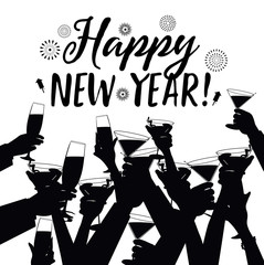 Crowd of Hands Toasting Happy New Year EPS 10 vector black and white silhouette.