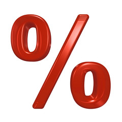Percent sign from red glass alphabet set, isolated on white. Computer generated 3D photo rendering.