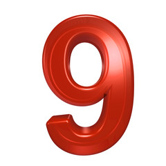 One digit from red glass alphabet set, isolated on white. Computer generated 3D photo rendering.