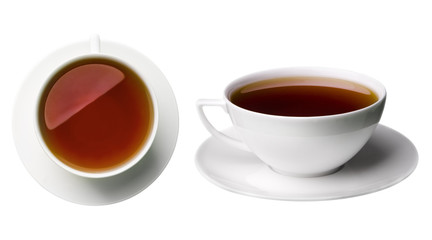 Tea in a cup isolated on white top and side view