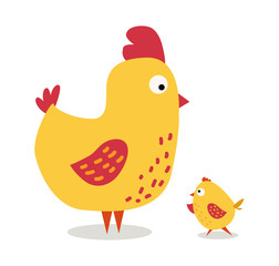 Cute cartoon chicken mother and chuk kid vector illustration
