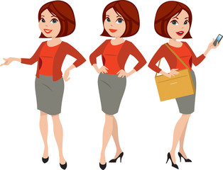 Professional woman in three poses with different facial expressions