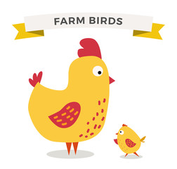 Cute cartoon chicken mother and chuk kid vector illustration