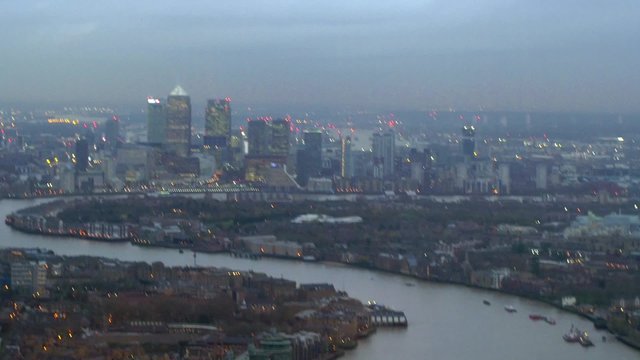 Aerial panoramic view of the financial district of the Docklands in London