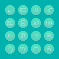 16 business, finance, enterprise line icons, aquamarine set, vector illustration