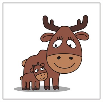 mother and child, cartoon mama moose and little elk