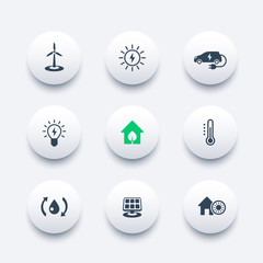 Green ecologic house, ecofriendly, energy saving technologies, round modern icons, vector illustration