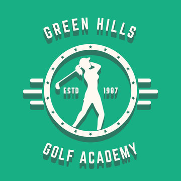 Golf Academy vintage round logo design with girl golf player