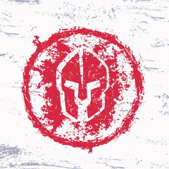 grunge red spartan helmet, round sign, vector illustration