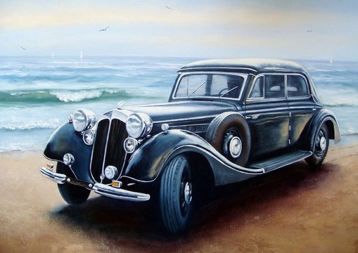 machine, sea, beach, black, wave, antiques, retro, cars, old, classic, painting, paintings, oil