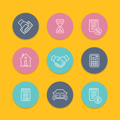 Fototapeta premium Leasing, loan, deal line icons, round flat set, vector illustration