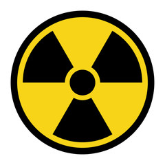 Radiation Hazard Sign. Symbol of radioactive threat alert. Black hazard emblem isolated in yellow circle on white background. Danger label. Warning icon. Stock Vector Illustration - obrazy, fototapety, plakaty