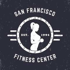 Round Vintage emblem, logo, grunge emblem with exercising girl, vector illustration