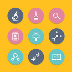 Science, research, laboratory round flat icons, vector illustration
