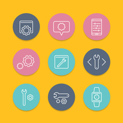 settings, tools, service line round flat icons, vector illustration