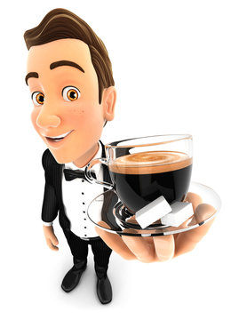 3d waiter holding a cup of coffee
