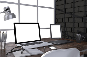 3D illustration laptop and work stuff on table near brick wall, Workspace