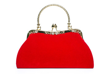 Red velvet clutch on a white background