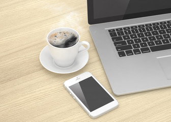 Laptop smartphone and coffee cup