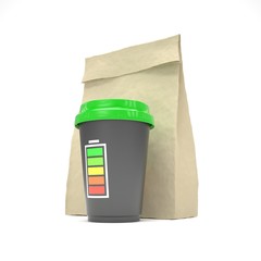 Coffee to go and lunch bag, on white.