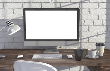 Fototapeta premium 3D illustration PC screen on table in office, Workspace