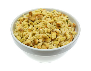 Dry stuffing mix in an old bowl