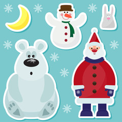 winter holidays set with cute Santa Claus,rabbit, moon and bear