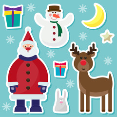 winter holidays set with cute Santa Claus isolated on the stylis blue cover